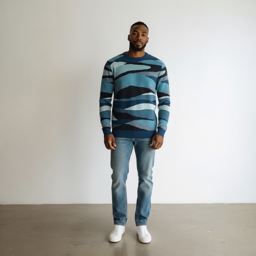 Club Room Men’s Sweater Size M Blue Abstract Pattern Crew Neck Knit Pullover NWT